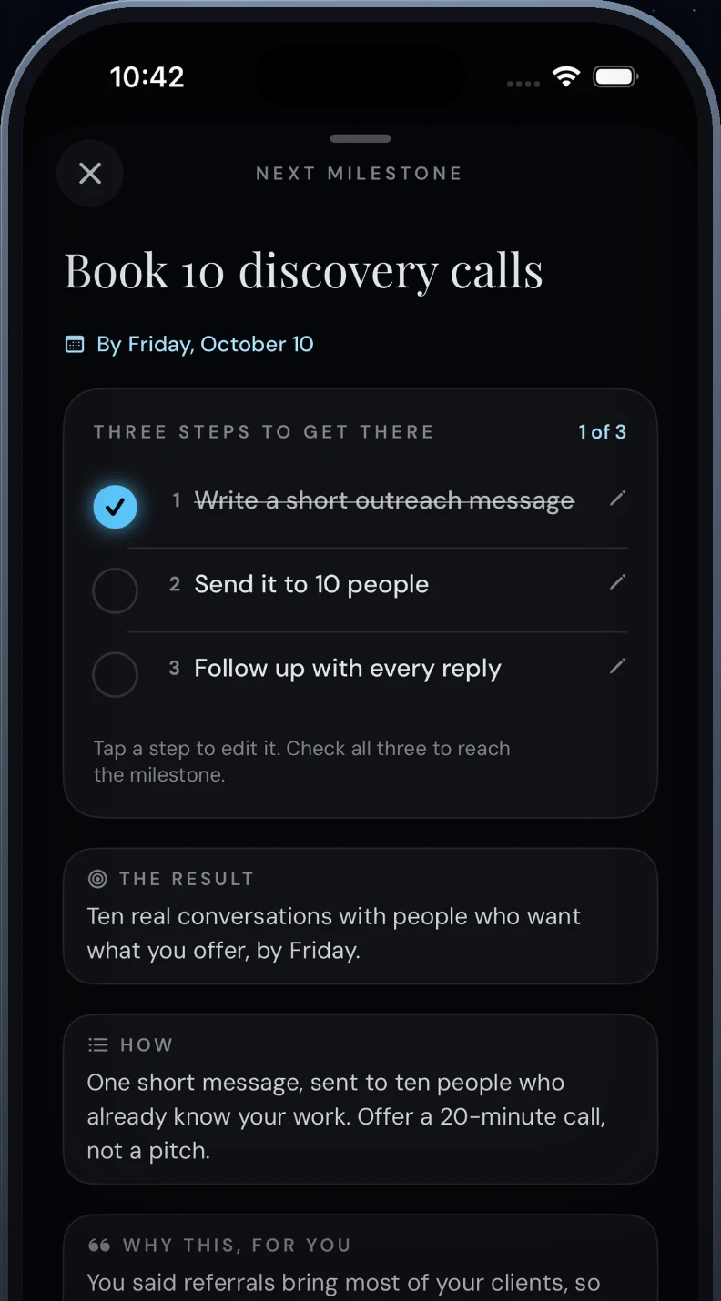Weekly milestone screen in the night look